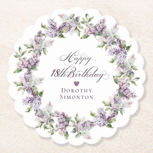 Personalized 18th Purple Lilac Flower Paper Coaster