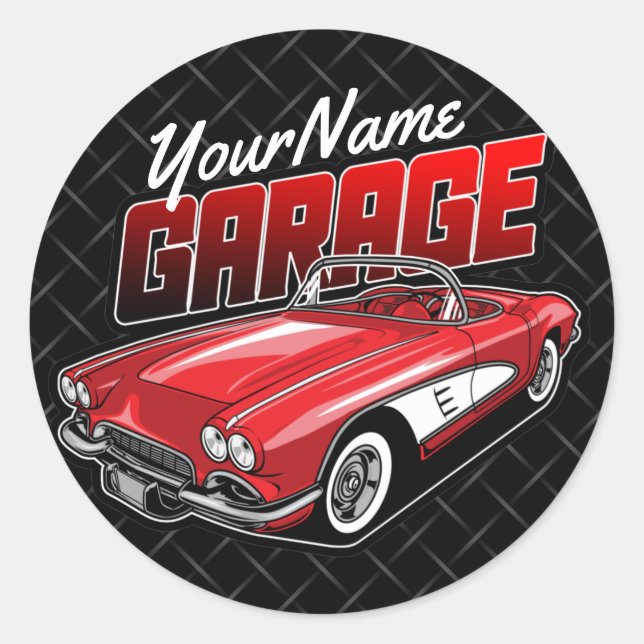 Personalized 1961 C1 Red Classic Sports Car Garag Round Sticker (Front)