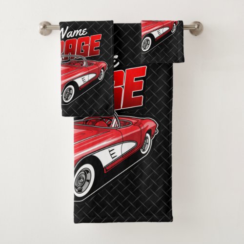 Personalized 1961 C1 Red Classic Sports Car Garage Bath Towel Set