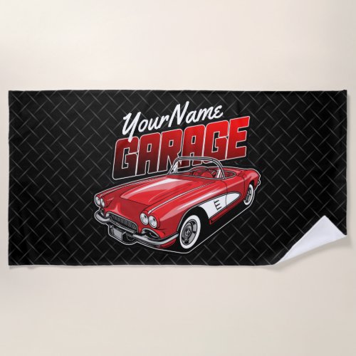 Personalized 1961 C1 Red Classic Sports Car Garage Beach Towel