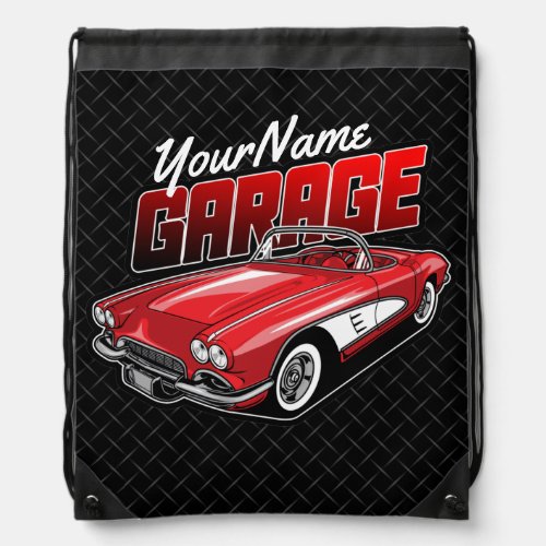 Personalized 1961 C1 Red Classic Sports Car Garage Drawstring Bag