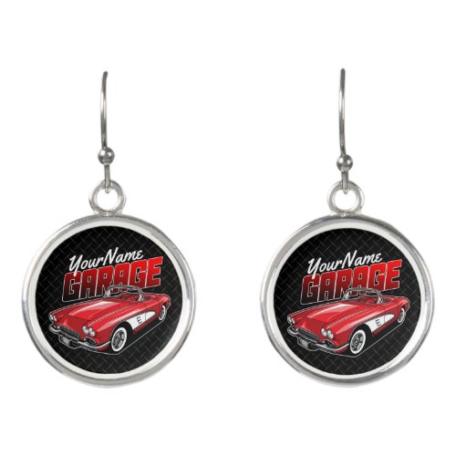 Personalized 1961 C1 Red Classic Sports Car Garage Earrings