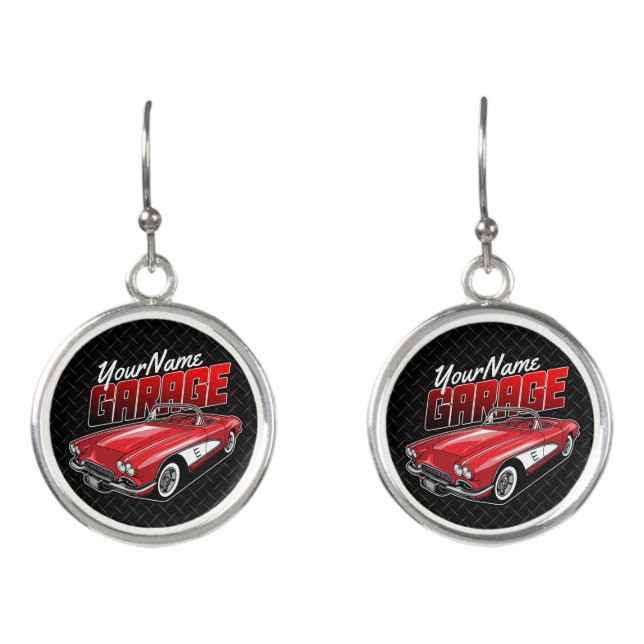 Personalized 1961 C1 Red Classic Sports Car Garage Earrings (Front)