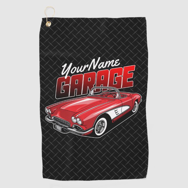 Personalized 1961 C1 Red Classic Sports Car Garage Golf Towel (Front)