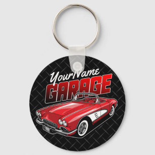 Personalized 1961 C1 Red Classic Sports Car Garage Keychain