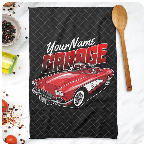 Personalized 1961 C1 Red Classic Sports Car Garage Kitchen Towel