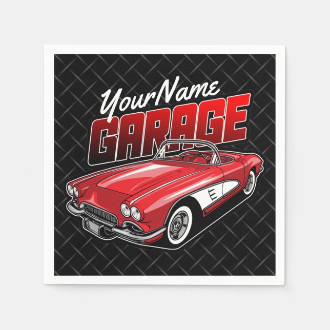Personalized 1961 C1 Red Classic Sports Car Garage Napkins (Front)