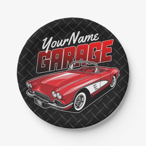 Personalized 1961 C1 Red Classic Sports Car Garage Paper Plates