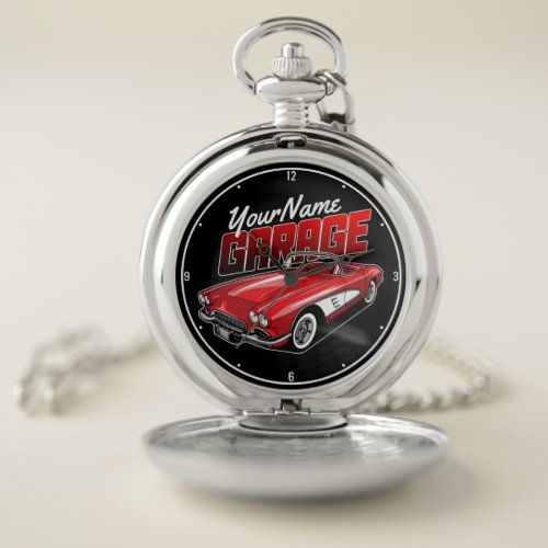 Personalized 1961 C1 Red Classic Sports Car Garage Pocket Watch