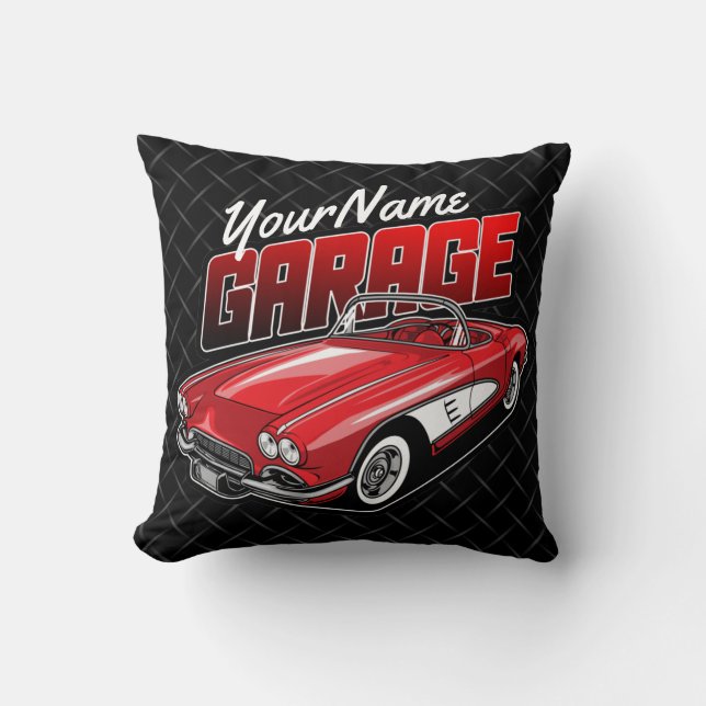 Personalized 1961 C1 Red Classic Sports Car Garage Throw Pillow (Front)