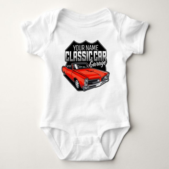 Personalized 1966 Convertible Classic Car Garage Baby Bodysuit (Front)