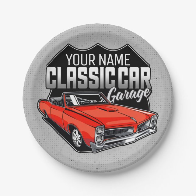 Personalized 1966 Convertible Classic Car Garage Paper Plates (Front)