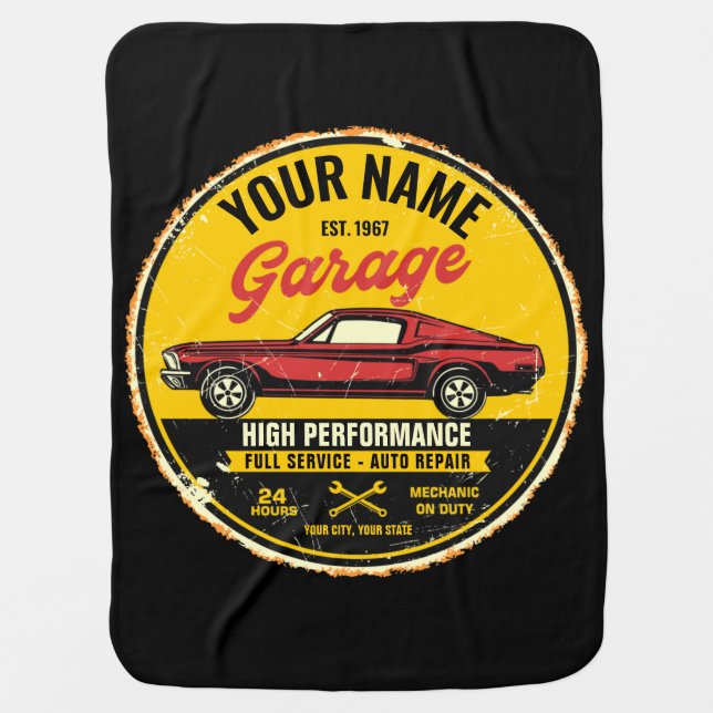 Personalized 1967 Fastback Red Classic Car Garage Baby Blanket (Front)