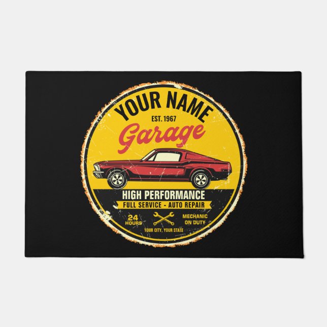 Personalized 1967 Fastback Red Classic Car Garage  Doormat (Front)
