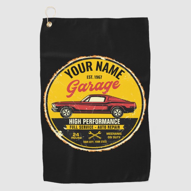 Personalized 1967 Fastback Red Classic Car Garage  Golf Towel (Front)