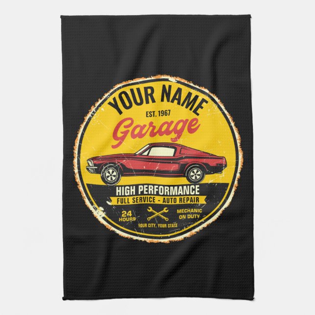 Personalized 1967 Fastback Red Classic Car Garage  Kitchen Towel (Vertical)