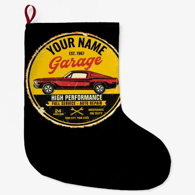 Personalized 1967 Fastback Red Classic Car Garage  Large Christmas Stocking (Front)
