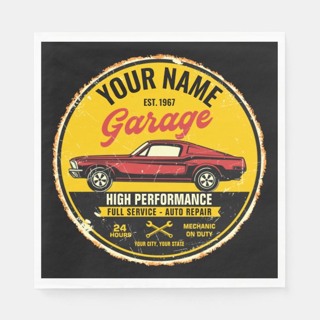 Personalized 1967 Fastback Red Classic Car Garage Napkins (Front)