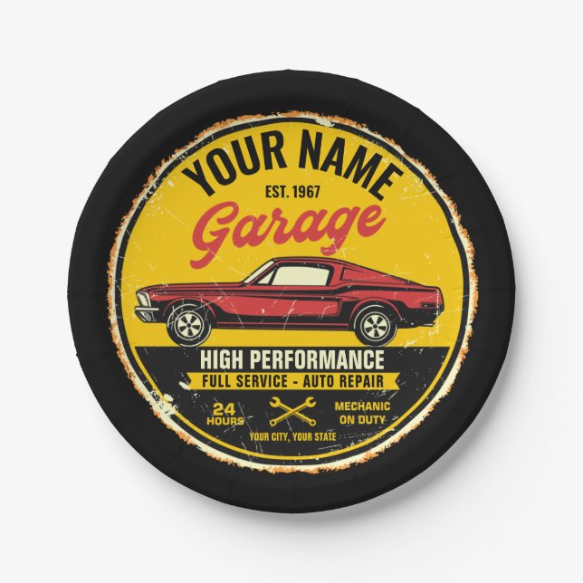 Personalized 1967 Fastback Red Classic Car Garage  Paper Plates (Front)
