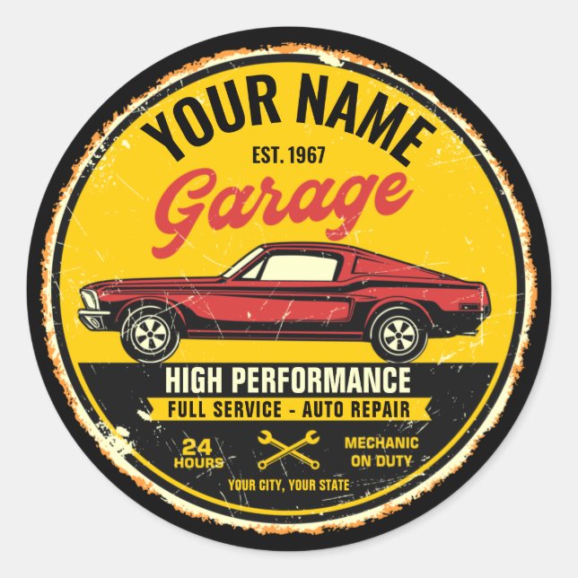 Personalized 1967 Fastback Red Classic Car Garage Round Sticker (Front)