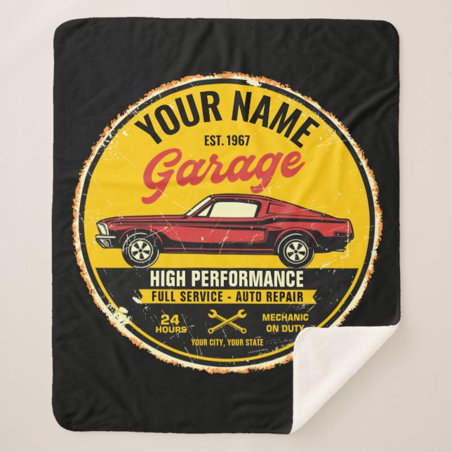 Personalized 1967 Fastback Red Classic Car Garage  Sherpa Blanket (Front)