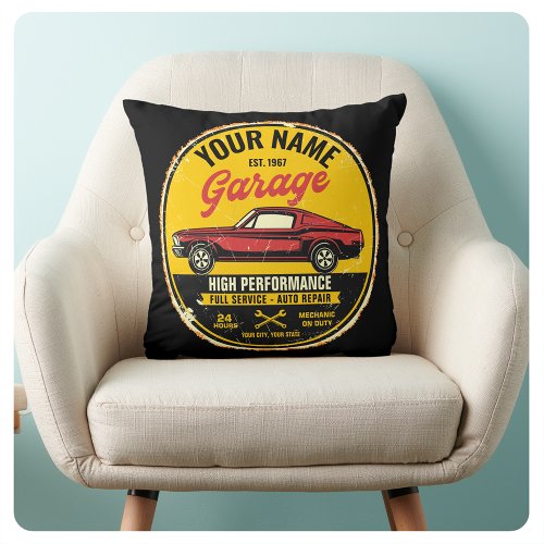 Personalized 1967 Fastback Red Classic Car Garage  Throw Pillow