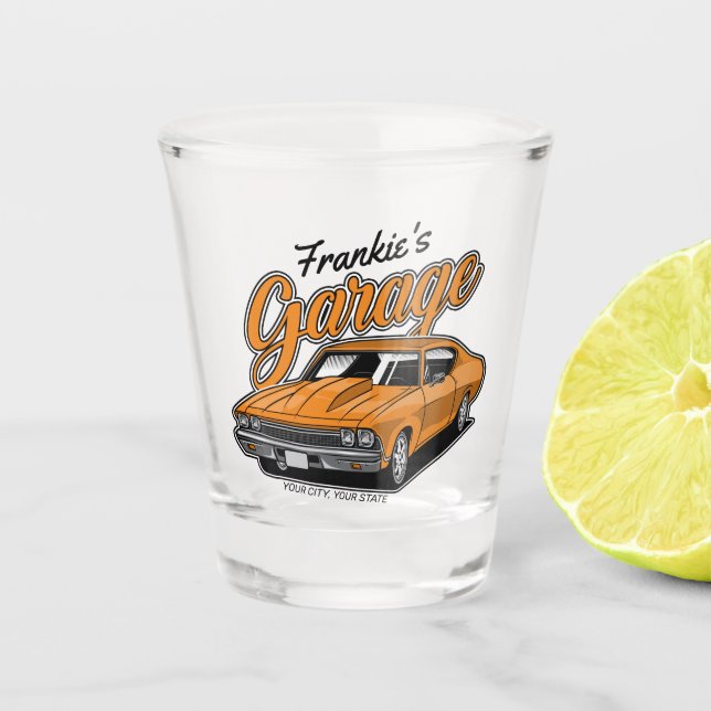 Personalized 1968 396 Classic Muscle Car Garage Shot Glass (Front)