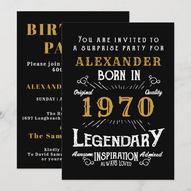 Personalized 1970 Birthday Black Gold Retro Legend Invitation (Front/Back)