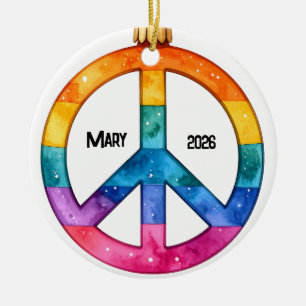 Personalized  1970's Hippie Peace Sign Ceramic Ornament