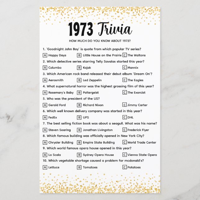 Personalized 1973 Trivia Quiz for Golden Wedding (Front)