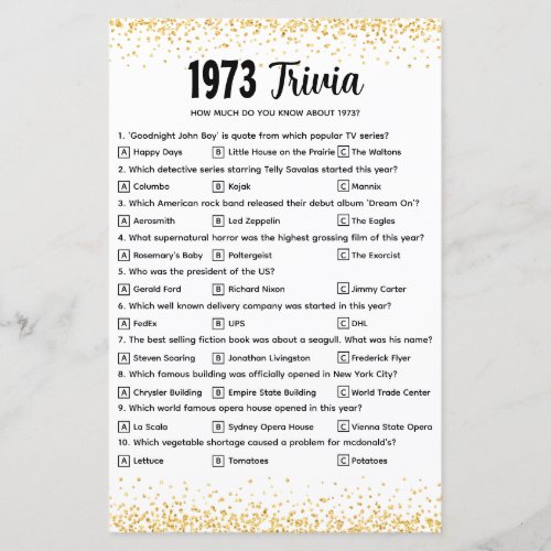 Personalized 1973 Trivia Quiz for Golden Wedding