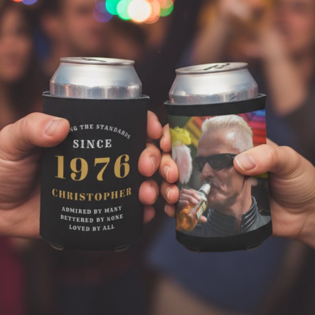 Personalized 1976 Birthday Can Cooler Custom Name (50th birthday can coolers held in two hands)