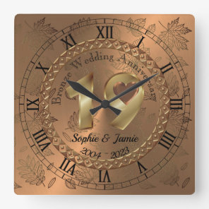 Personalized 19th Bronze Anniversary Gift Idea Square Wall Clock