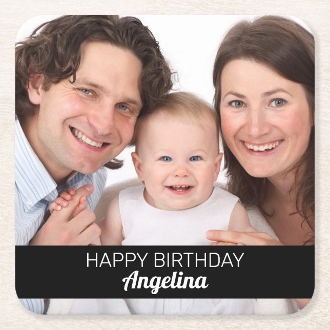 Personalized 1 Photo Happy Birthday Add Name Square Paper Coaster (Front)