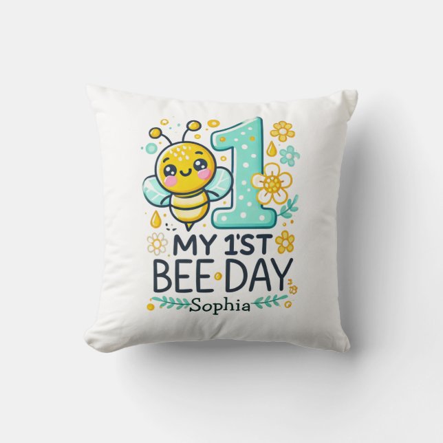 Personalized 1st Bee Day Birthday Throw Pillow (Front)
