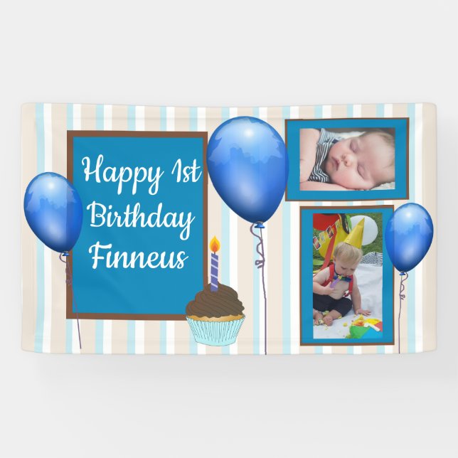 Personalized 1st Birthday Banner for Boy's Blue (Horizontal)