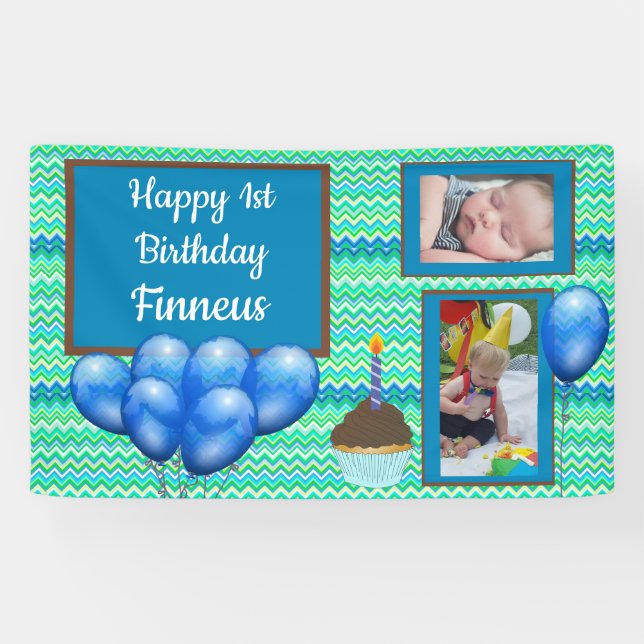 Personalized 1st Birthday Banner for Boy's Blue (Horizontal)