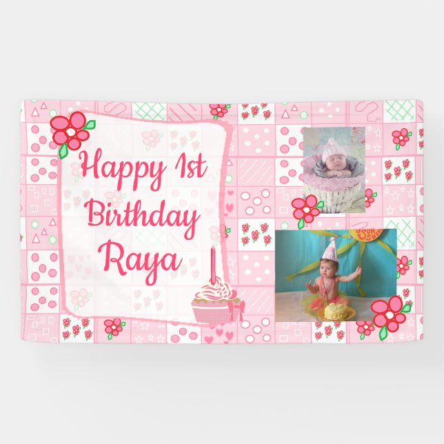 Personalized 1st Birthday Banner for Girl's Pink (Horizontal)