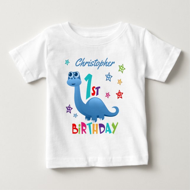 Personalized 1st Birthday Blue Dinosaur Baby T-Shirt (Front)