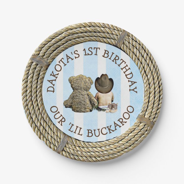 Personalized 1st Birthday Cowboy Themed cake Paper Plates (Front)