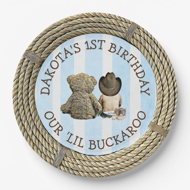 Personalized 1st Birthday Cowboy Themed Paper Plates (Front)