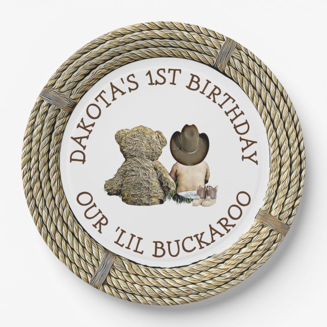 Personalized 1st Birthday Cowboy Themed Paper Plates (Front)