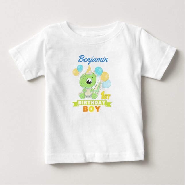 Personalized 1st Birthday Green Dinosaur Baby T-Shirt (Front)