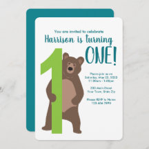Personalized 1st Birthday Modern Bear Invitation