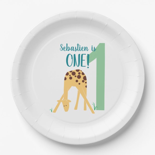 Personalized 1st Birthday Modern Yellow Giraffe Paper Plates (Front)