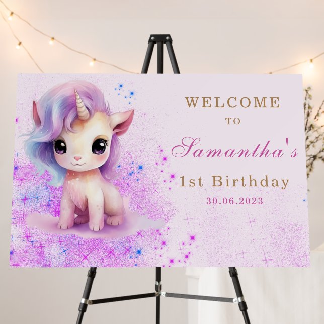 Personalized  1st Birthday Pink and Purple Unicorn Foam Board (In Situ (Stand))