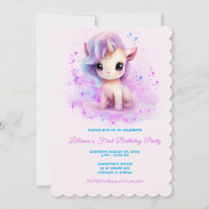 Personalized  1st Birthday Pink and Purple Unicorn Invitation