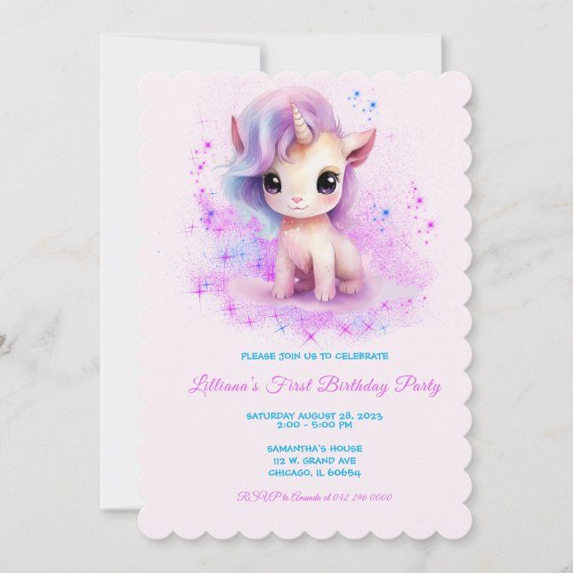 Personalized  1st Birthday Pink and Purple Unicorn Invitation (Front)