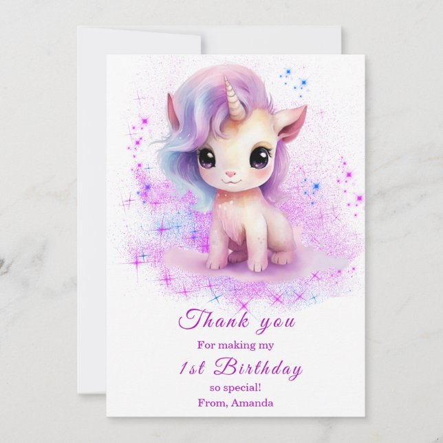Personalized  1st Birthday Pink and Purple Unicorn Thank You Card (Front)
