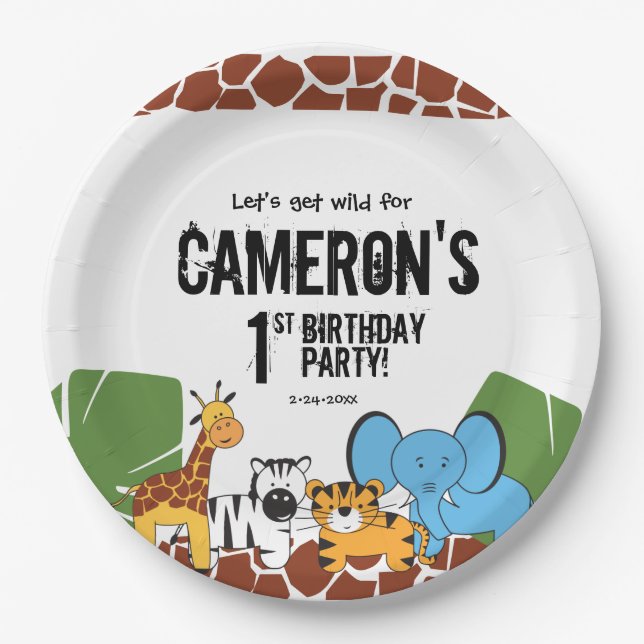 Personalized 1st Birthday Safari party Paper Plates (Front)